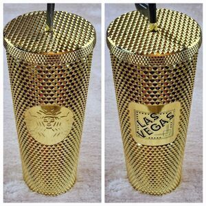 🩵RARE!!! NWT Starbucks 2021 Gold Studded Cold Drink 24 FL Oz Tumbler w/Straw